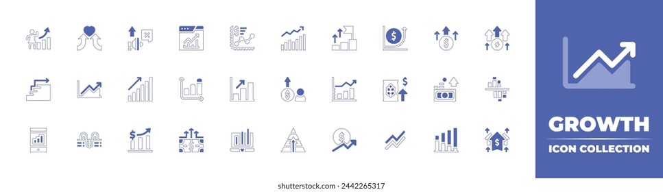 Growth icon collection. Duotone style line stroke and bold. Vector illustration. Containing growth, benefits, money, success, stats, analysis, megaphone, step, graph, rising, wheat, statistics.