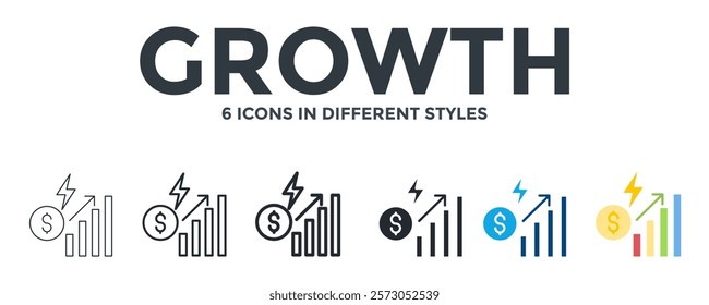 Growth Icon In Different Style Vector Illustration. Designed In Thin Line, Regular Line, Bold Line, Glyph, Color Fill, And Flat Style Can Be Used For Web