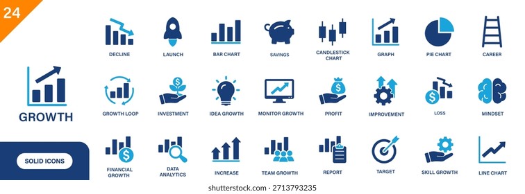 Icono del crecimiento. Incluye gráfico, disminución, gráfico de líneas, gráfico circular, crecimiento financiero. Conjunto de iconos de Vector sólido.