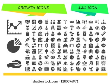  growth icon set. 120 filled growth icons. Simple modern icons about  - Line chart, Gardening, Pie graph, Stocks, Pie chart, Cactus, Change, Palm tree, Sand, Graph, Trees, Sow