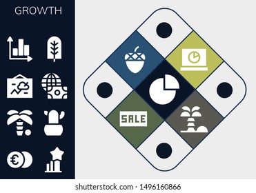 growth icon set. 13 filled growth icons.  Collection Of - Pie chart, Euro, Stats, Palm tree, Cactus, Chart, Economy, Graph, Tree, Analytics, Acorn, Sale, Coconut tree