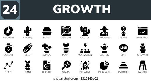 growth icon set. 24 filled growth icons.  Simple modern icons about  - Pie chart, Cactus, Plant, Measure, Gardener, Analytics, Dollar, Seed, Bonsai, Motivation, Line, Growth, Stats