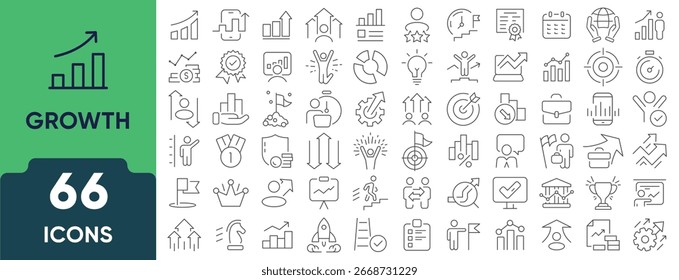 Symbol für Wachstum. Sammlung von 60 linearen Umrissen, die Fortschritt, Entwicklung, Pflanzenwachstum, Geschäftsausweitung und Erfolgskonzepte repräsentieren. Bearbeitbarer Strich.