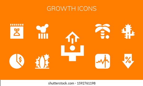 growth icon set. 9 filled growth icons. Included Motivation, Cactus, Chart, Fertilizer, Sale, Stocks, Palm tree icons