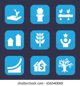 Growth icon. set of 9 filled growth icons such as arrow up, plant, cactus, plant on hand, chart, celebrity, money tree