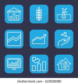 Growth icon. set of 9 outline growth icons such as hand with seeds, no hair in skin, graph, line chart, chart, dolar growth, graph on board