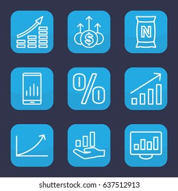 Growth icon. set of 9 outline growth icons such as bag with ground, graph, graph on hand, money up, graph on display, money growth, chart on display