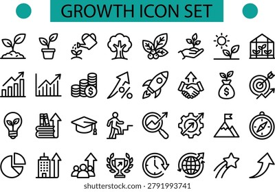 growth icon set with arrows, plants, money, rockets, charts, and education symbols for branding