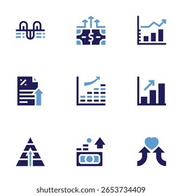 Growth icon set. Bold style. Duotone colors. money, stats, bar chart, interest, rising, statistics, coexistence, bar graph, pyramid.