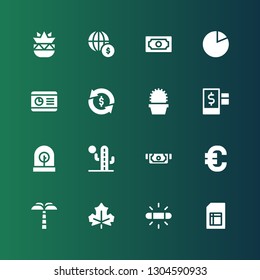 growth icon set. Collection of 16 filled growth icons included Sheet, White balance, Leaf, Palm tree, Euro, Cash, Cactus, Incubator, Credit, Investment, Graph, Pie chart, Economy