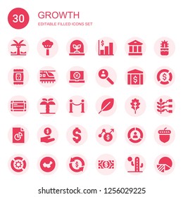 growth icon set. Collection of 30 filled growth icons included Palm tree, Tree, Graph, Bank, Seed, Hyperloop, Sale, Research, Whiteboard, Line, Leaf, Analytics, Cash, Dollar, Chart