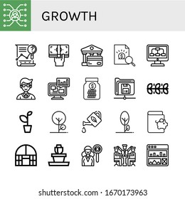 growth icon set. Collection of Skill, Analysis, Cash, Bank, Report, Data, Manager, Savings, Save, Leaves, Plant, Tree, Watering can, Dome greenhouse, Flower pot, Headhunting icons