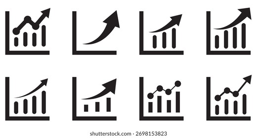Conjunto de iconos de crecimiento. Contiene flecha hacia arriba, gráfico creciente, iconos de gráfico de negocios. Ilustración vectorial.