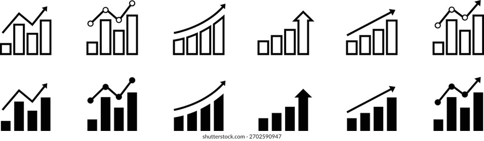 Growth icon set. Containing arrow up, growing graph, business chart icons. Vector illustration.