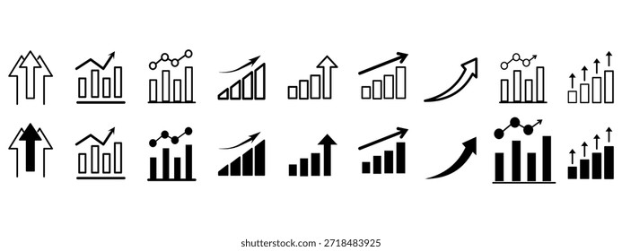 Conjunto de iconos de crecimiento. Contiene flecha hacia arriba, gráfico creciente, iconos de gráfico de negocios. Ilustración vectorial.