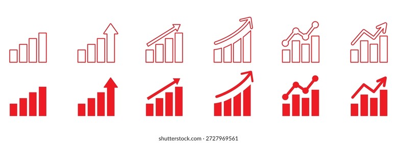 Conjunto de ícones de crescimento. Contendo seta para cima, gráfico crescente, ícones de gráfico de negócios. Ilustração vetorial.