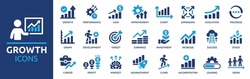 Growth icon set. Containing performance, gain, improvement, grow, chart, increase, evolution and development icons. Solid icon collection. Vector illustration.