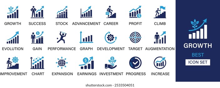 Conjunto de ícones de crescimento. Contendo ícones de desempenho, ganho, melhoria, crescimento, gráfico, aumento, evolução e desenvolvimento. Coleção de ícones do Solid. Ilustração vetorial.