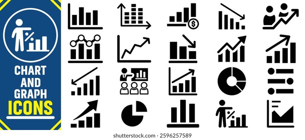 Growth icon set. Containing performance, gain,improvement, grow,chart,increase,evolution and development icons. Solid icon collection.Business graphs and charts icons. Statistics and analytics vector.