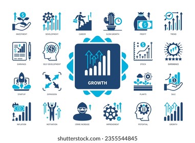 Wachstumssymbol eingestellt. Entwicklung, Motivation, Inflation, Karriere, Trends, Verbesserung, Investitionen, Erfahrung. Duotone-Farbsymbole