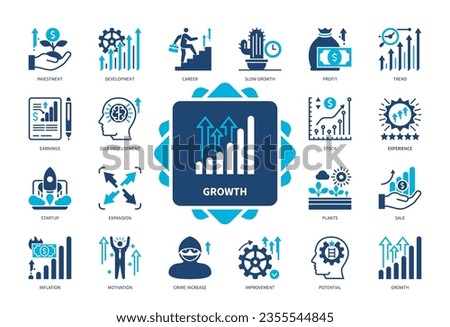 Growth icon set. Development, Motivation, Inflation, Career, Trends, Improvement, Investment, Experience. Duotone color solid icons