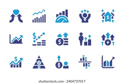 Juego de iconos de crecimiento. Color de duotona. Ilustración vectorial. Conteniendo coexistencia, informe financiero, estadísticas, referencia, ingresos, gráfico, éxito, beneficios, diagrama, pirámide, gráfico de barras, beneficio, energético.