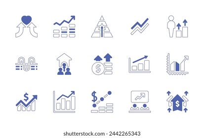 Conjunto de iconos de crecimiento. Trazo de línea de estilo duotono y negrita. Ilustración vectorial. Contiene estadísticas, gráfico de barras, motivación, ingresos, empleado, coexistencia, informe, ingresos, diagrama, pirámide, beneficio, económico.