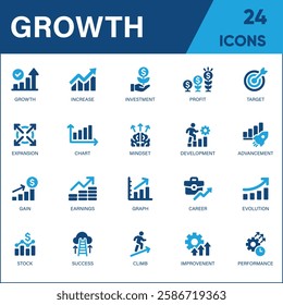 Growth Icon Set – A Dynamic Collection of Performance, Gain, Improvement, Growth, Charts, Increase, Evolution, and Development Icons. Solid Vector Illustration.