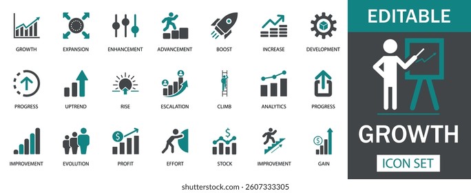 Growth Icon Set A dynamic icon set representing business growth, expansion, profit, and development. Ideal for finance, marketing, and corporate success visuals.