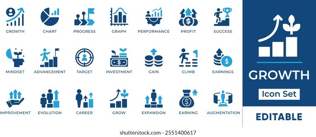 Growth Icon Set. Features editable icons for business growth, progress, success, investment, and more. Perfect for presentations, reports, and marketing materials.