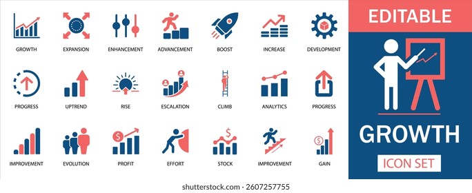 Growth Icon Set
Featuring expansion, progress, analytics, stock, profit, development, rise, boost, and more. Perfect for business, finance, marketing, and infographics. Professional and editable.