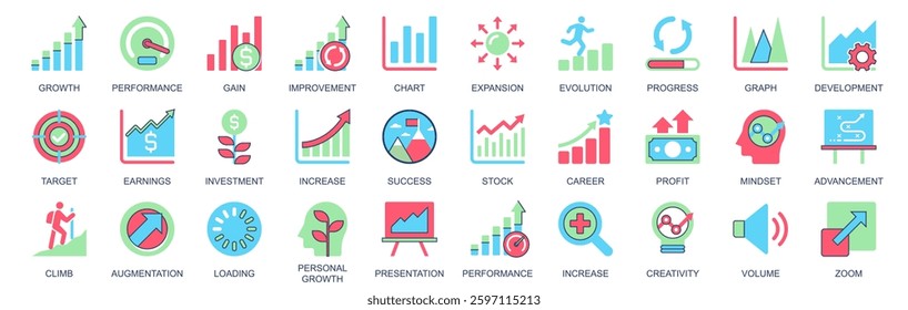 Growth icon set in flat color icons web design. Pack pictograms with performance, gain, improvement, chart, expansion, evolution, progress, development, target, mindset, other. Vector illustration.