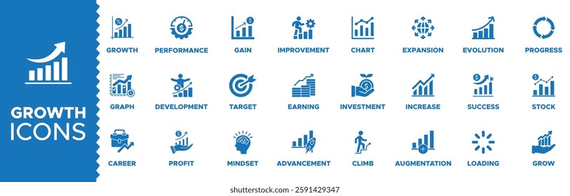 Growth icon set. Growth icons set or pack, Containing performance, gain, improvement, grow, chart, increase, evolution and development icons. Solid icon collection. Vector illustration.