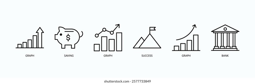 Growth Icon Set Isolated Vector With Icon Of Graph, Saving, Graph, Success, Graph, Bank In Outline Style