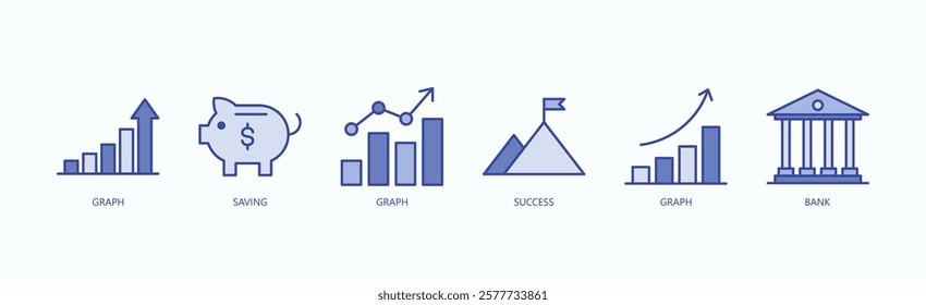 Growth Icon Set Isolated Vector With Icon Of Graph, Saving, Graph, Success, Graph, Bank In Blue Style