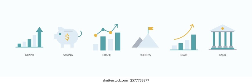 Growth Icon Set Isolated Vector With Icon Of Graph, Saving, Graph, Success, Graph, Bank In Flat Style