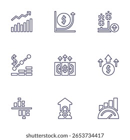 Conjunto de iconos de crecimiento. Estilo de línea. Trazo editable. éxito, aumento, motivación, trigo, dinero, punto de referencia, gráfico, gráfico de barras, económico.