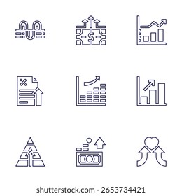 Symbol für Wachstum. Linienstil. Bearbeitbarer Strich. Geld, Statistiken, Balkendiagramm, Zinsen, steigend, Statistik, Koexistenz, Balkendiagramm, Pyramide.