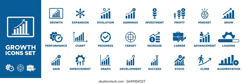 Conjunto de ícones de crescimento. crescimento, desempenho, ganho, melhoria, gráfico, expansão, evolução, progresso, gráfico, desenvolvimento, meta, ganhos, ícones de investimento. Coleção de ícones do Solid. Ilustração vetorial.