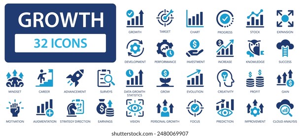 Growth icon set. Growth and Success symbol collction. Grow, performance, development, improvement, grow, chart, increase.