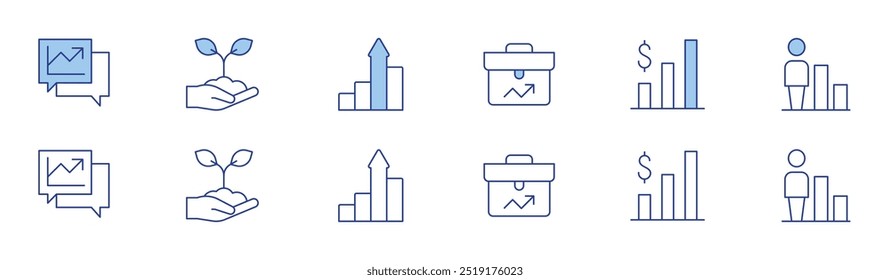 Growth icon set in two styles, Duotone and Thin Line style. Editable stroke. business, graphs, bars graphic, planting, rise, person.