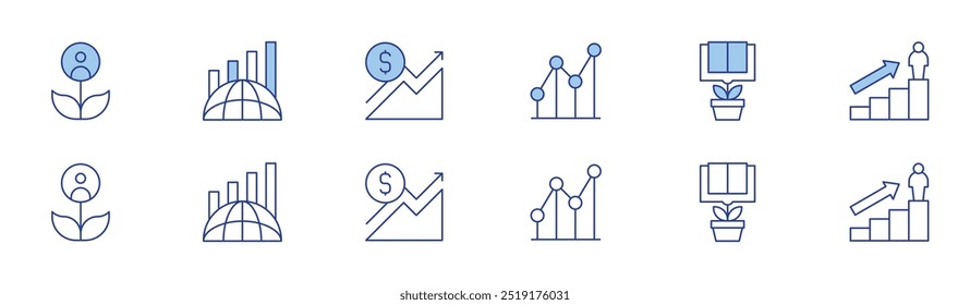 Icono de crecimiento establecido en dos estilos, Duotone y estilo de línea delgada. Desarrollo, evolución, gráfico de líneas, planta, promoción, beneficio financiero.
