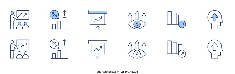 Growth icon set in two styles, Duotone and Thin Line style. Editable stroke. training, vision, interest rate, presentation, statistics, up.