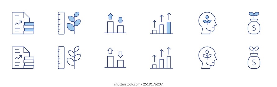 Ícone de crescimento definido em dois estilos, Duotônico e Linha fina. Relato editável, progresso, mentalidade de crescimento, lucros, crescimento.