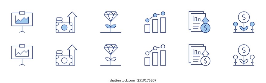 Icono de crecimiento establecido en dos estilos, Duotone y estilo de línea delgada. Presentación, crecimiento, informe, beneficios, excelencia, inversión.