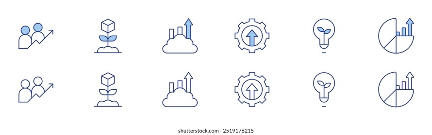 Growth icon set in two styles, Duotone and Thin Line style. Editable stroke. increase, growth, line graph, improvement, light bulb, pie chart.