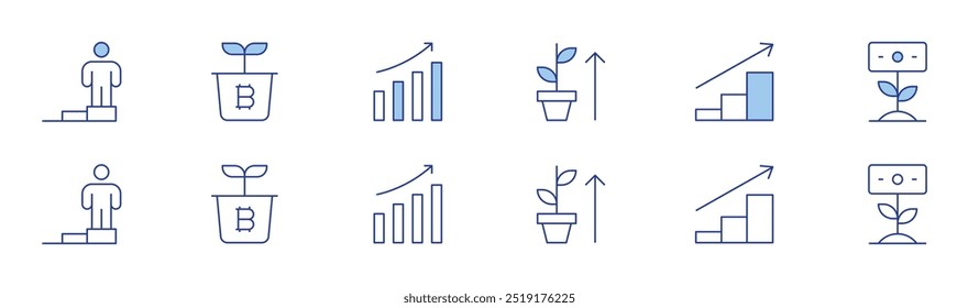 Ícone de crescimento definido em dois estilos, Duotônico e Linha fina. Curso editável. Crescer, crescer, gráfico de barras.