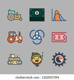 growth icon set. vector set about boy, money, tractor and pie chart icons set.