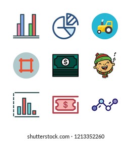 growth icon set. vector set about tractor, bar chart, pie chart and boy icons set.