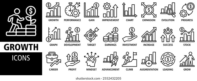 Growth icon set vector illustration. Containing icon of performance, gain, improvement, grow, chart, increase, evolution and development icons. Solid icon symbol collection.